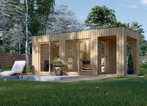 Gartensauna mit Vorraum DELLA (34 mm + Holzverschalung), 4,6 x 2,6 m, 9,3 m² mit Terrasse 3,6 m² avp.ui.product_images.thumbnail 1