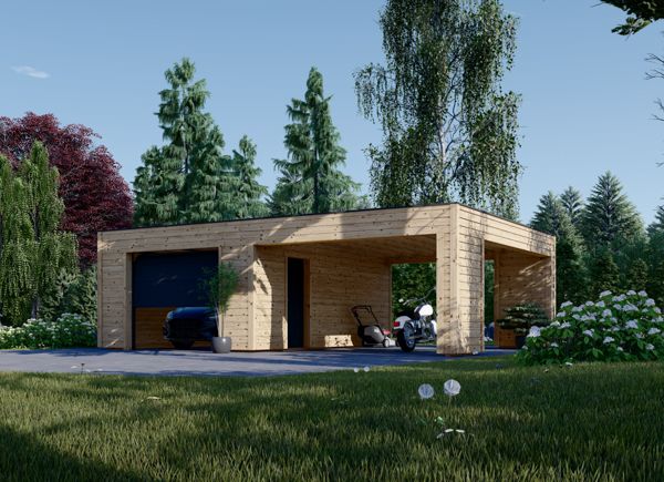 Holzgarage SILVIA F (34 mm + Holzverschalung), 4x6 m, mit Carport 4x6 m avp.ui.product_images.thumbnail 1