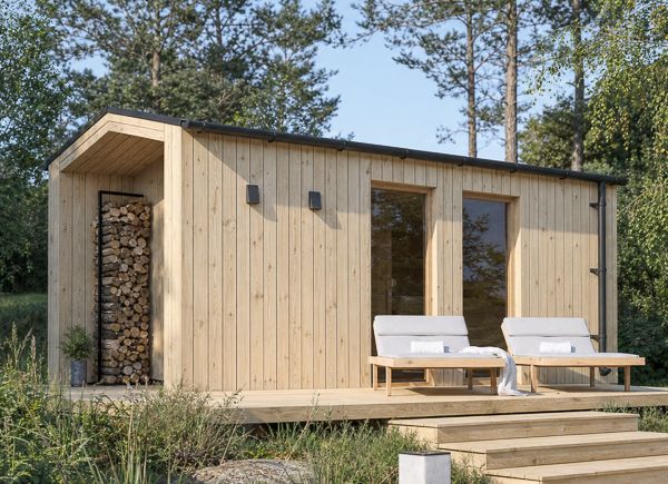 Holzsauna SERENE 3 mit Vorraum & Veranda (Kiefer natur) – 5,3×2,5 m, 10,65 m² thumbnail 1