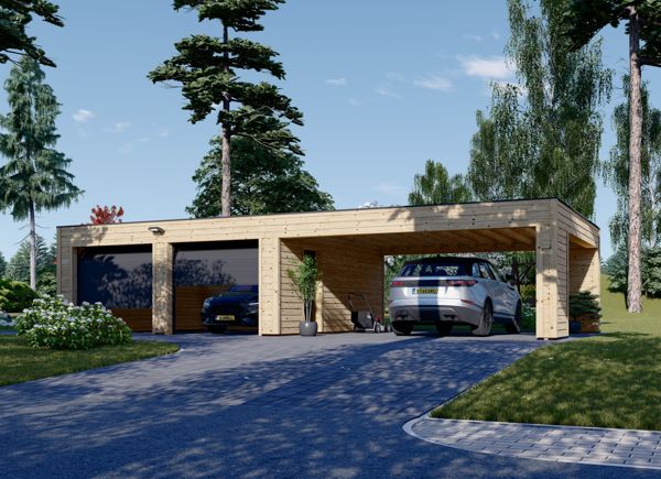 Doppelgarage aus Holz SILVIA F (34 mm + Holzverschalung), 6x6 m, mit Carport 6x6 m avp.ui.product_images.thumbnail 1
