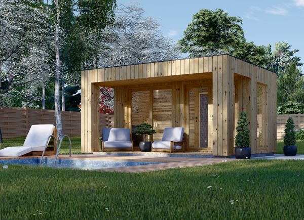 Gartensauna DELLA (34 mm + Holzverschalung), 4,6 x 2,1 m, 7,2 m² mit Terrase 6,7 m² avp.ui.product_images.thumbnail 1