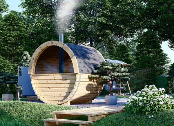 Fasssauna HELGA 17 (46 mm), 1,7 m, ⌀ 1,97 m mit Panoramafenstern als Rückwand (halbhoch) avp.ui.product_images.thumbnail 1