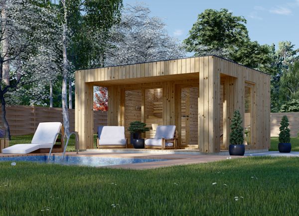 Gartensauna mit Vorraum DELLA (34 mm + Holzverschalung), 4,6 x 2,6 m, 9,3 m² mit Terrasse 6,7 m² avp.ui.product_images.thumbnail 1