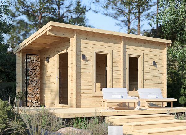 Holzsauna VIGOR 3 mit Vorraum & Veranda (Massivholz) – 5,3×2,5 m, 10,95 m² thumbnail 1