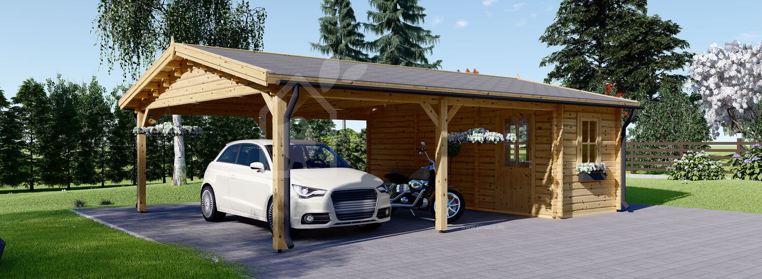 Carport aus Holz CLASSIC DUO PLUS 5,5 x 6 m mit Schuppen 2x6 m (44 mm) visualization 1
