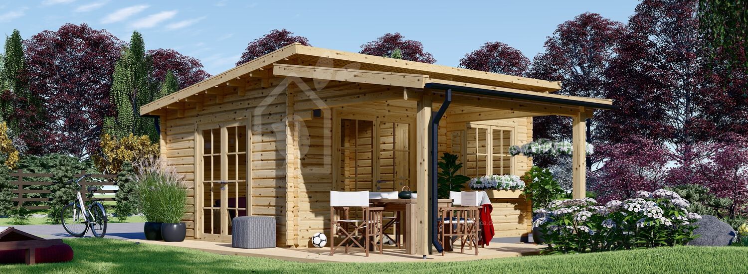 Gartenhaus aus Holz HELEN (44 mm), 6x6 m, 24 m² + 12,5 m² Terrasse visualization 1