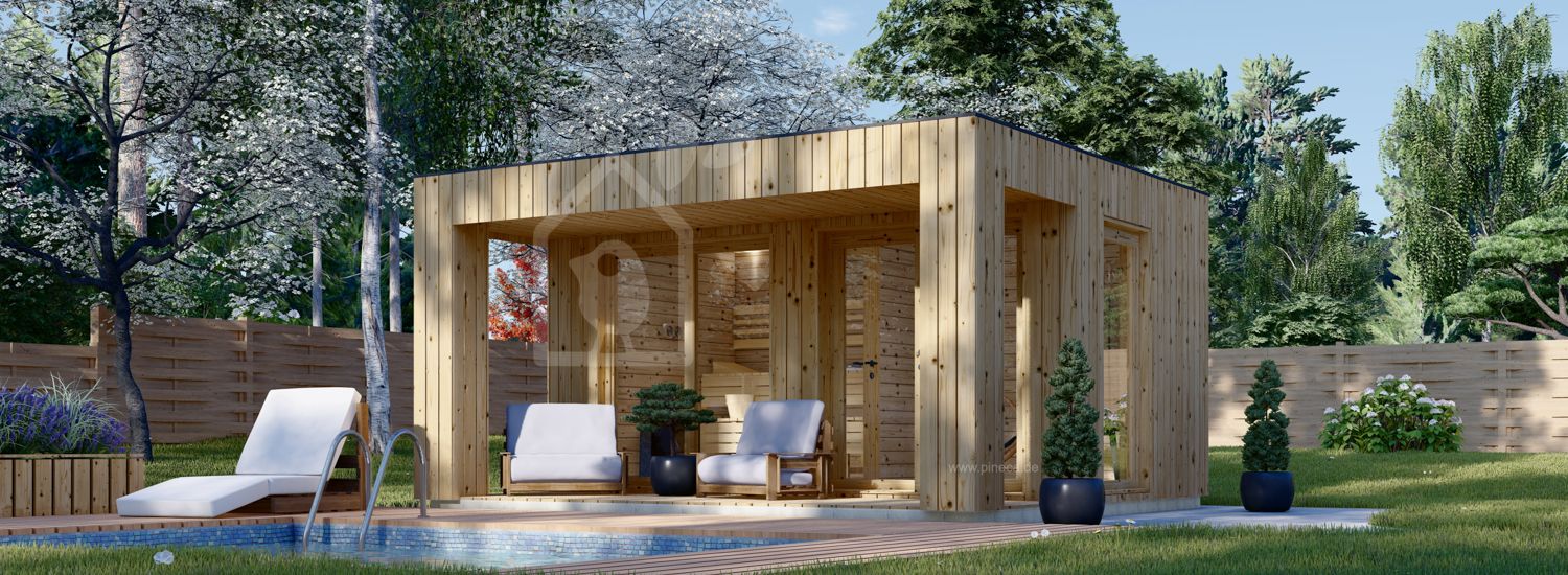 Gartensauna mit Vorraum DELLA (34 mm + Holzverschalung), 4,6 x 2,6 m, 9,3 m² mit Terrasse 6,7 m² visualization 1