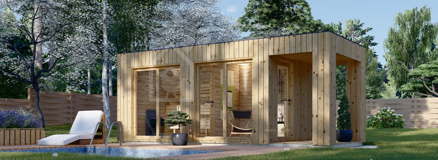 Gartensauna mit Vorraum DELLA (34 mm + Holzverschalung), 4,6 x 2,6 m, 9,3 m² mit Terrasse 3,6 m² visualization 1