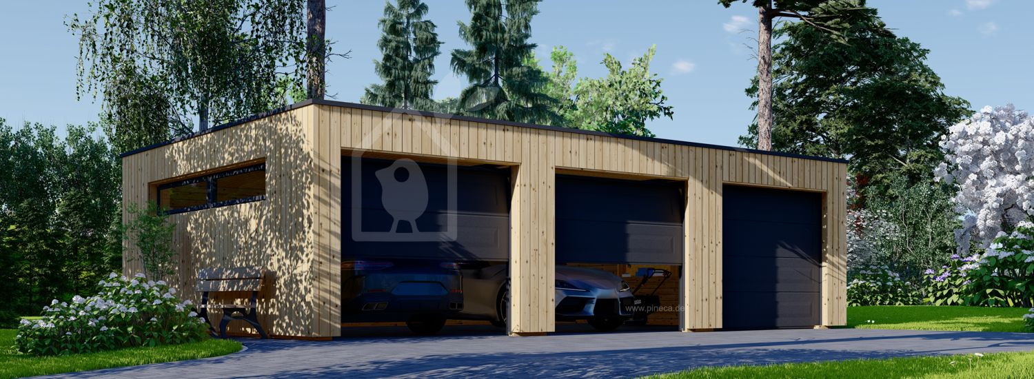 Dreifachgarage aus Holz mit Flachdach SILVIA TRIO F (34 mm + Holzverschalung), 9x6 m, 54 m² visualization 1
