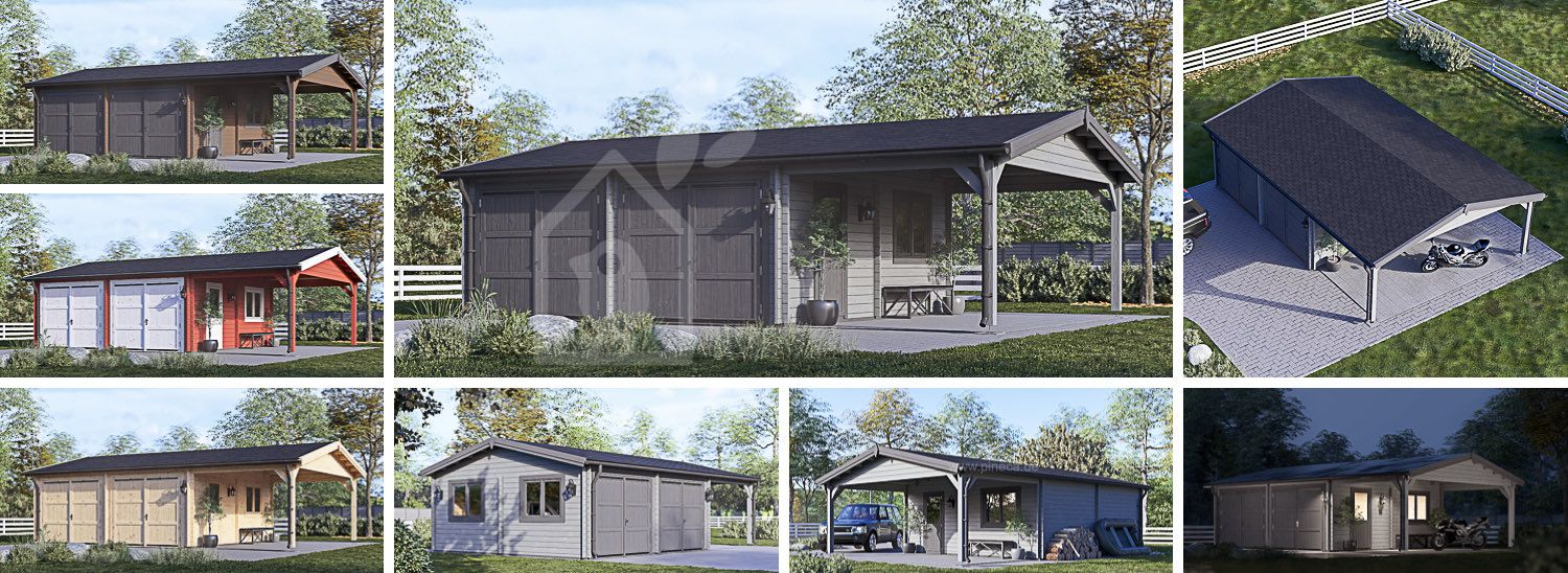 Doppelgarage aus Holz MULTI DUO (44 mm), 6x6 m mit Carport 3x6 m visualization 1