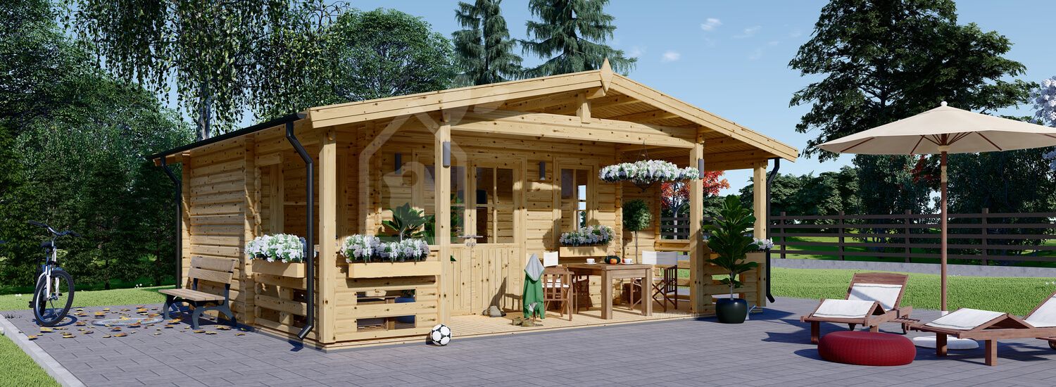 Gartenhaus aus Holz PARIS (44 mm), 6,7x5,7 m, 21 m² + 11 m² Terrasse visualization 1