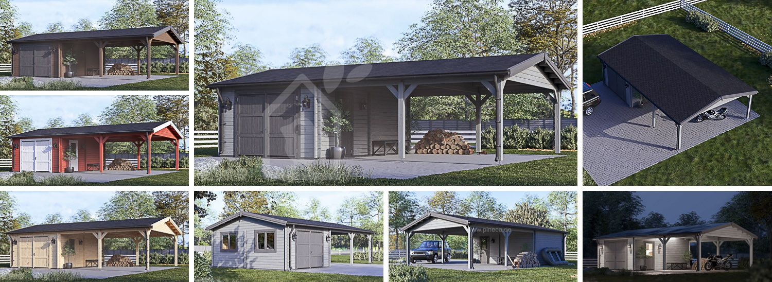 Holzgarage MULTI (44 mm), 4x6 m mit Doppelcarport 5,5x6 m visualization 1