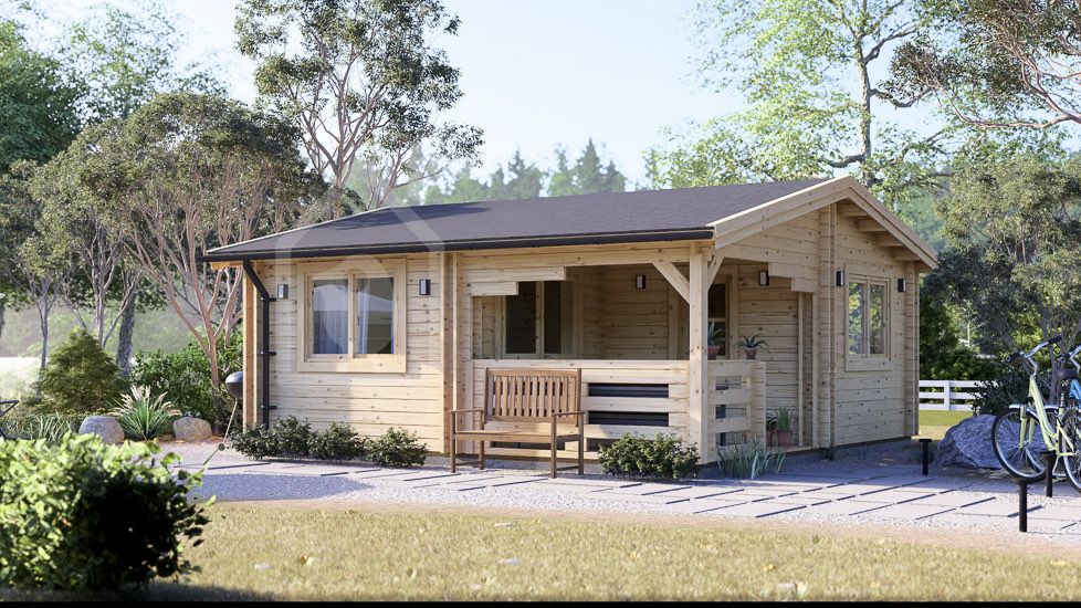 Gartenhaus aus Holz mit Terrasse OLIVIA S (34+34 mm), 6x6 m, 27 m² + 8 m² Terrasse visualization 1